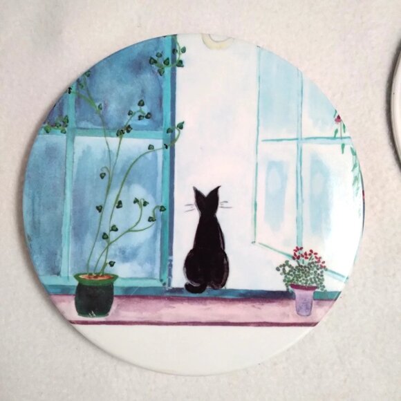VTG Italian Mebel Black Cat Window Catherine Piret Trivet Tray Melamine Set of 4 - Picture 3 of 8